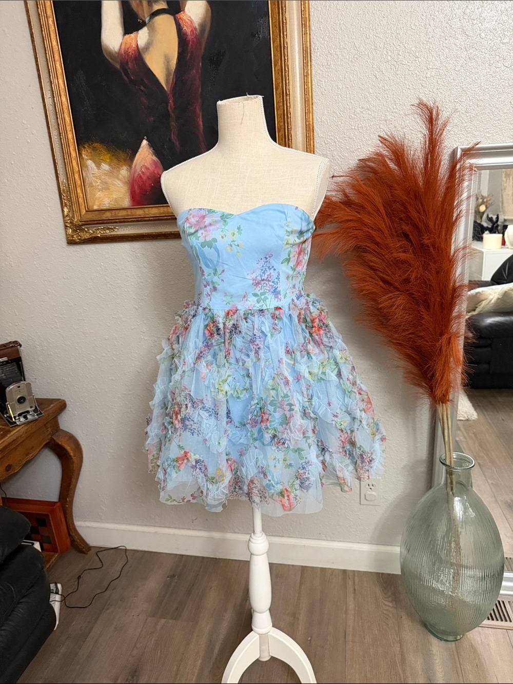 Lulus Strapless Blue Floral Ruffle Kids Dress
